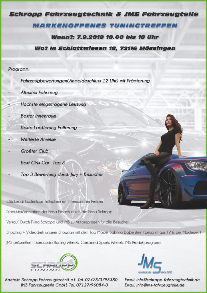 Flyer Event Vorschau Markenoffenes Tuningtreffen September 2019 Mössingen Schropp Fahrzeugtechnik JMS Fahrzeugteile Programm